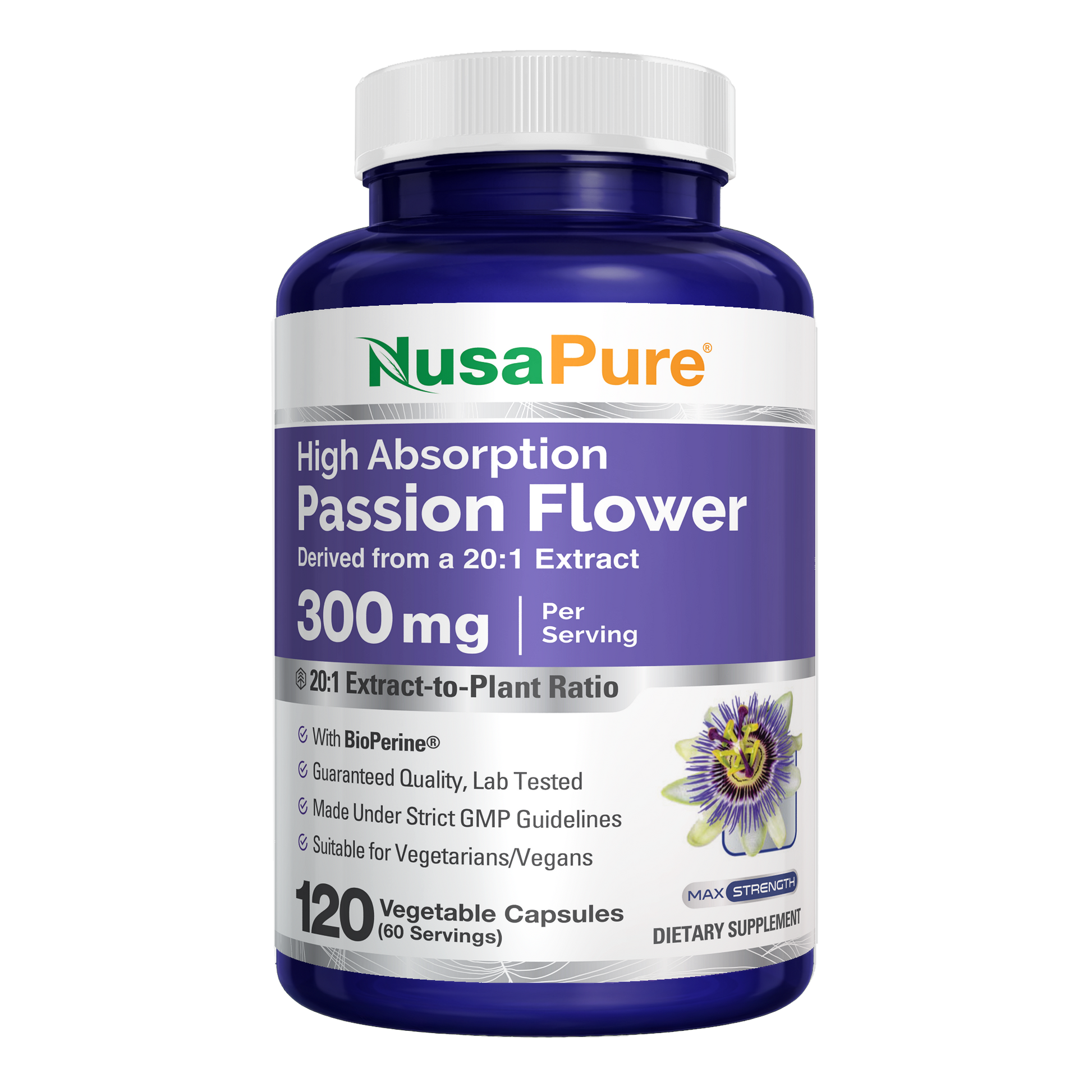 NusaPure Passion Flower 20:1 Extract, 300 mg, 120 Veggie Caps, Non-GMO, Bioperine, Extract Supplement NusaPure