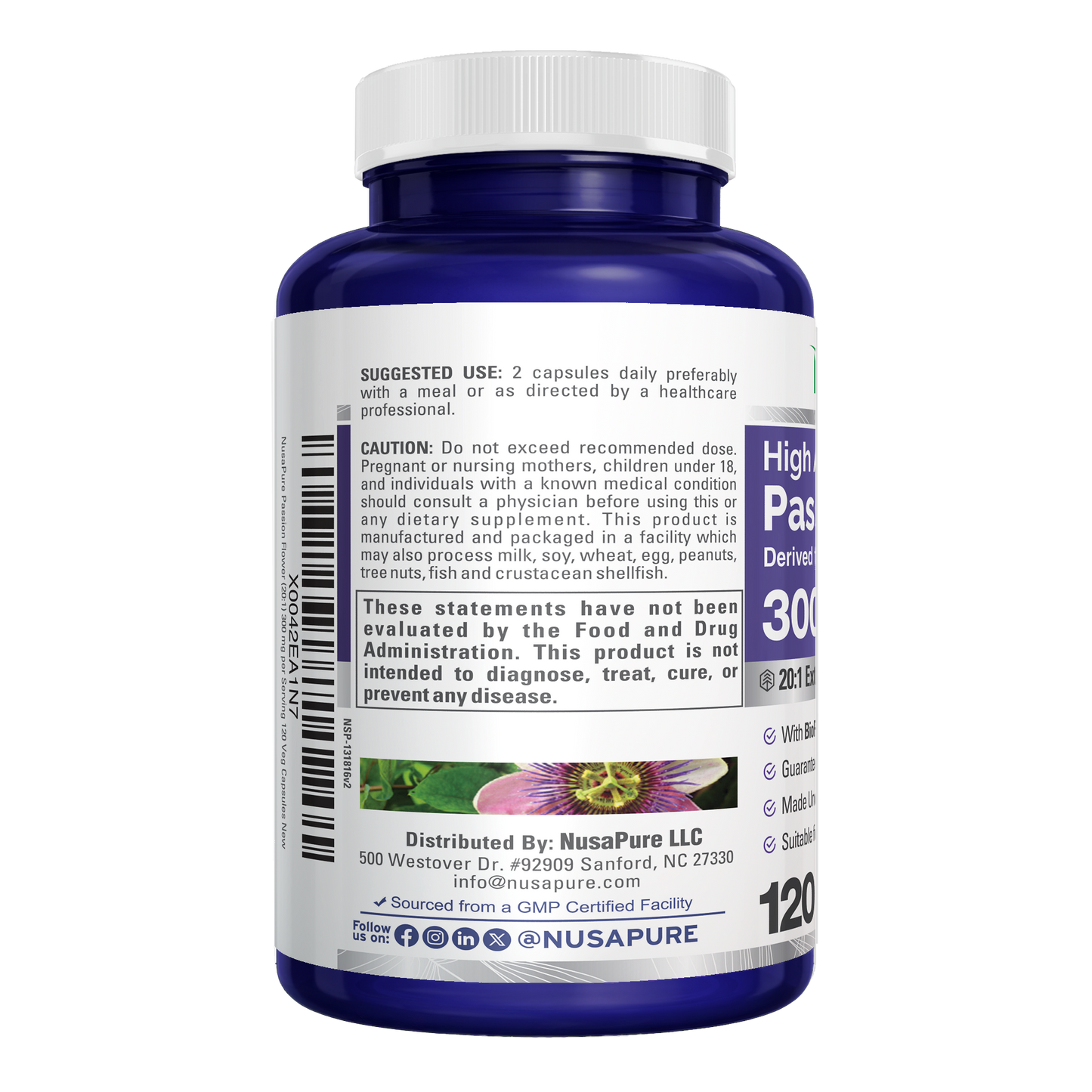 NusaPure Passion Flower 20:1 Extract, 300 mg, 120 Veggie Caps, Non-GMO, Bioperine, Extract Supplement NusaPure