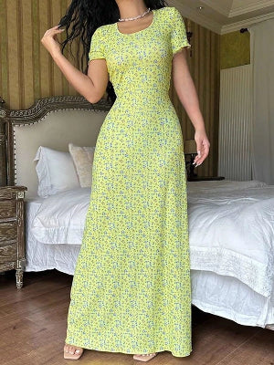 Women's yellow floral ankle-length dress with short sleeves