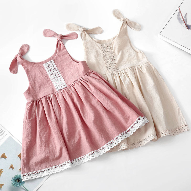 New Solid Color Children's Dress Cotton Linen Lace Princess Dress Lace Up Girls Dress Girls One-Piece