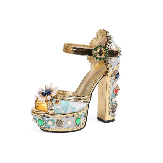 Summer Leather women sandals gold roman gladiator sandals square heel pearl sandles women platform sandals big size 41 42