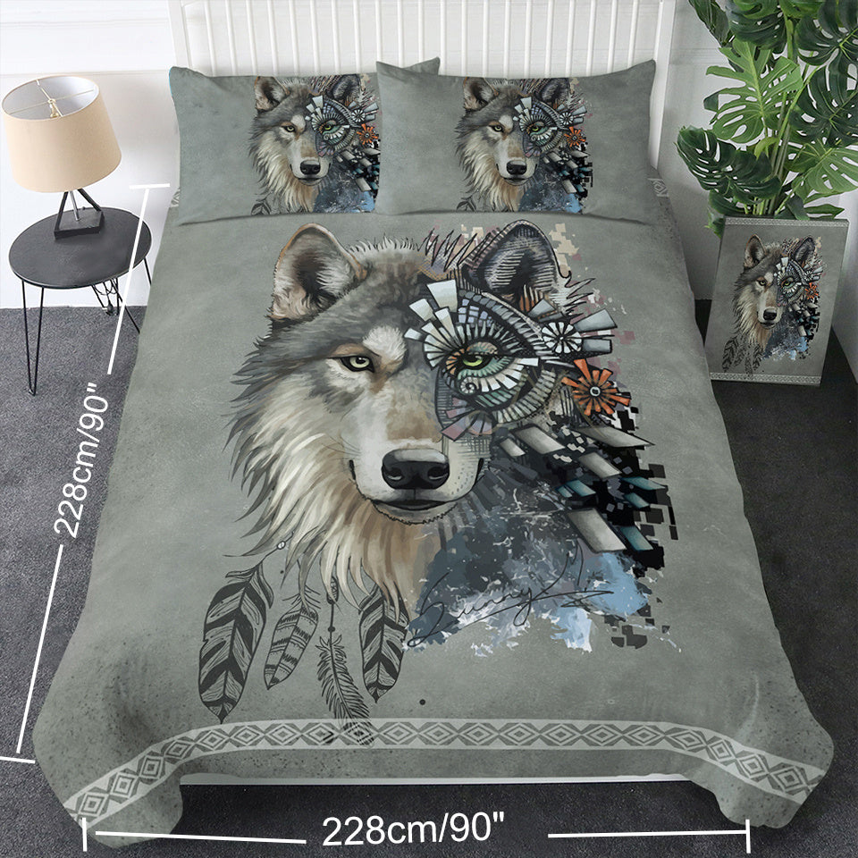 Moonpalace 3pcs Wolves Couple Bedding Set, 3D Print White Wolf Duvet Cover, Tribal Animal Galaxy Bed Set, Heart Dreamcatcher Bedspread (Including 1 Duvet Cove + 2 Pillow Shams)