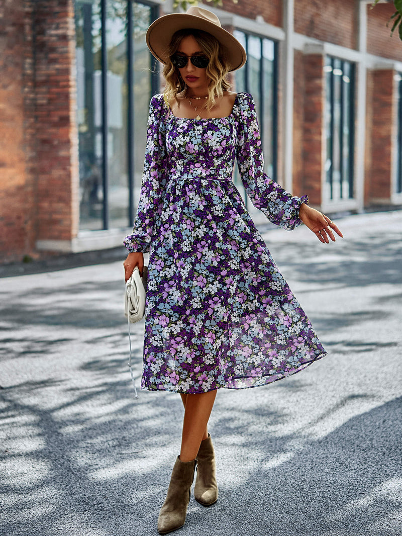 Floral Square Neck Smocked Balloon Sleeve Dress