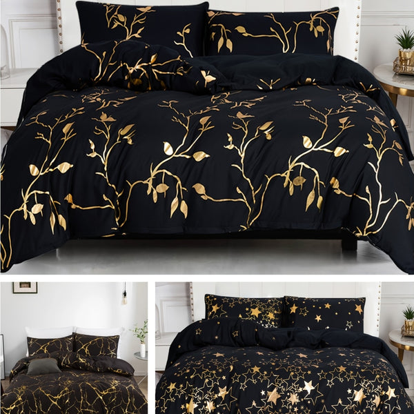 3pcs Black & Golden Bedding Set (1 Duvet Cover + 2 Pillow Case), Soft Quilt Cover For Bedroom