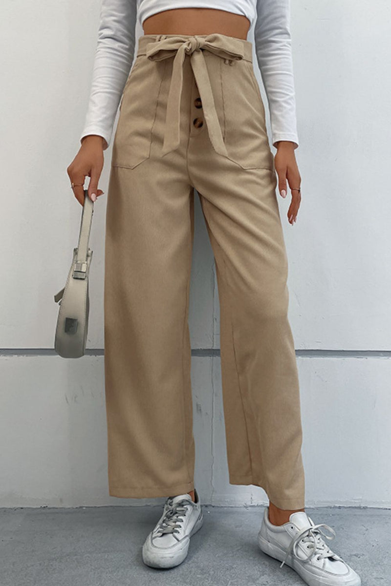 Button Fly Belted Wide Leg Pants with Pockets