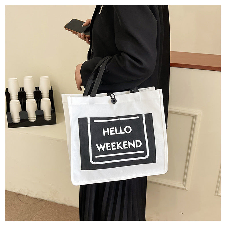Retro Button Tote Bag New Canvas Letter Printing Tote Bag Large Capacity Fashion Simple Hand Carry Shopping Bag