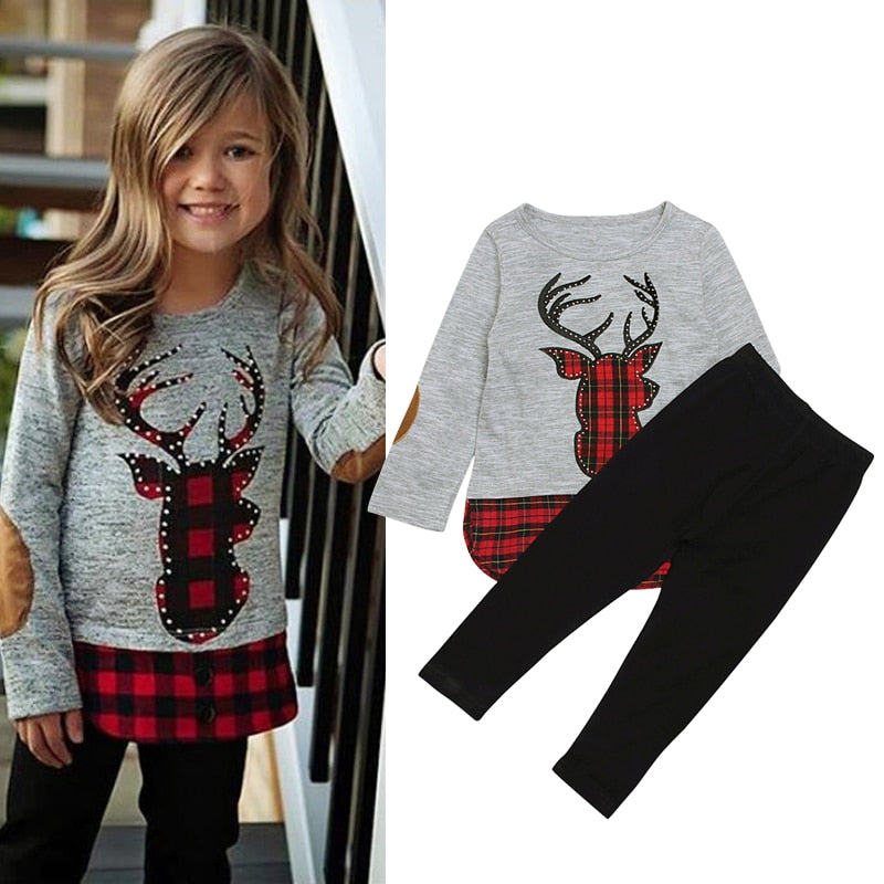 Autumn and Winter Girls Clothes Deer Printed T-shirts+Long Pants 2Pcs Christmas Outfits Kids Clothes Suit For Girls