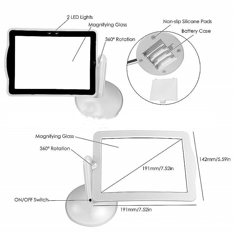 3X Desktop Brighter Viewer Screen Magnifier 360 Degree Rotating Bracket Desktop Magnifying Glass with LED Lights