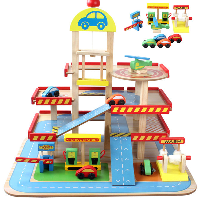 Children's Play House Toy Simulation Large Three-Dimensional Three-Story Wooden Parking Lot Toy Set Assembled Car Track
