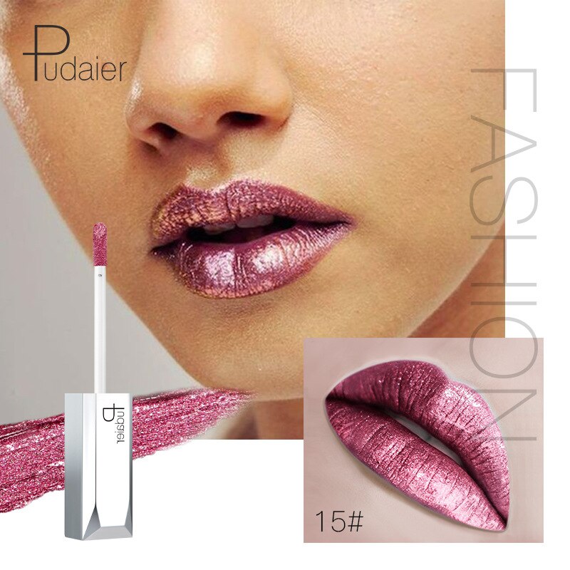Pudaier Metallic Glitter Shine Full Color Lipstick Makeup Long-lasting Liquid Tint Lip Gloss Stick 18 Colors Moisturizing Batom