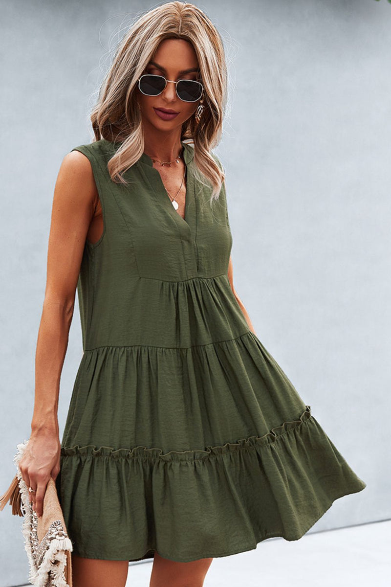 Frill Trim Notched Sleeveless Tiered Dress