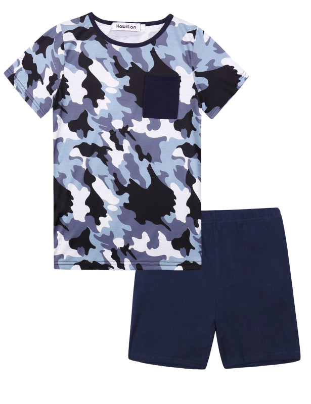 Boy's Camo Pattern Short Sleeve Top Cotton Shorts Loungewear Set