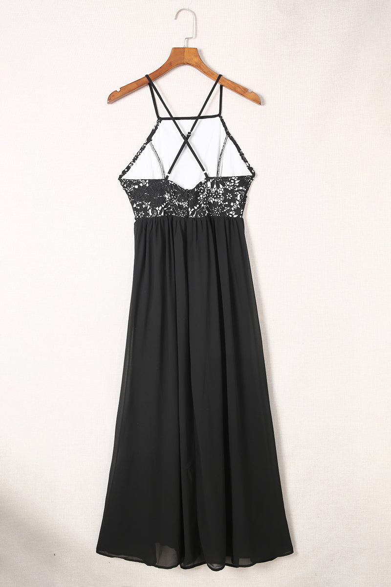 Crisscross Spliced Lace Split Chiffon Maxi Dress