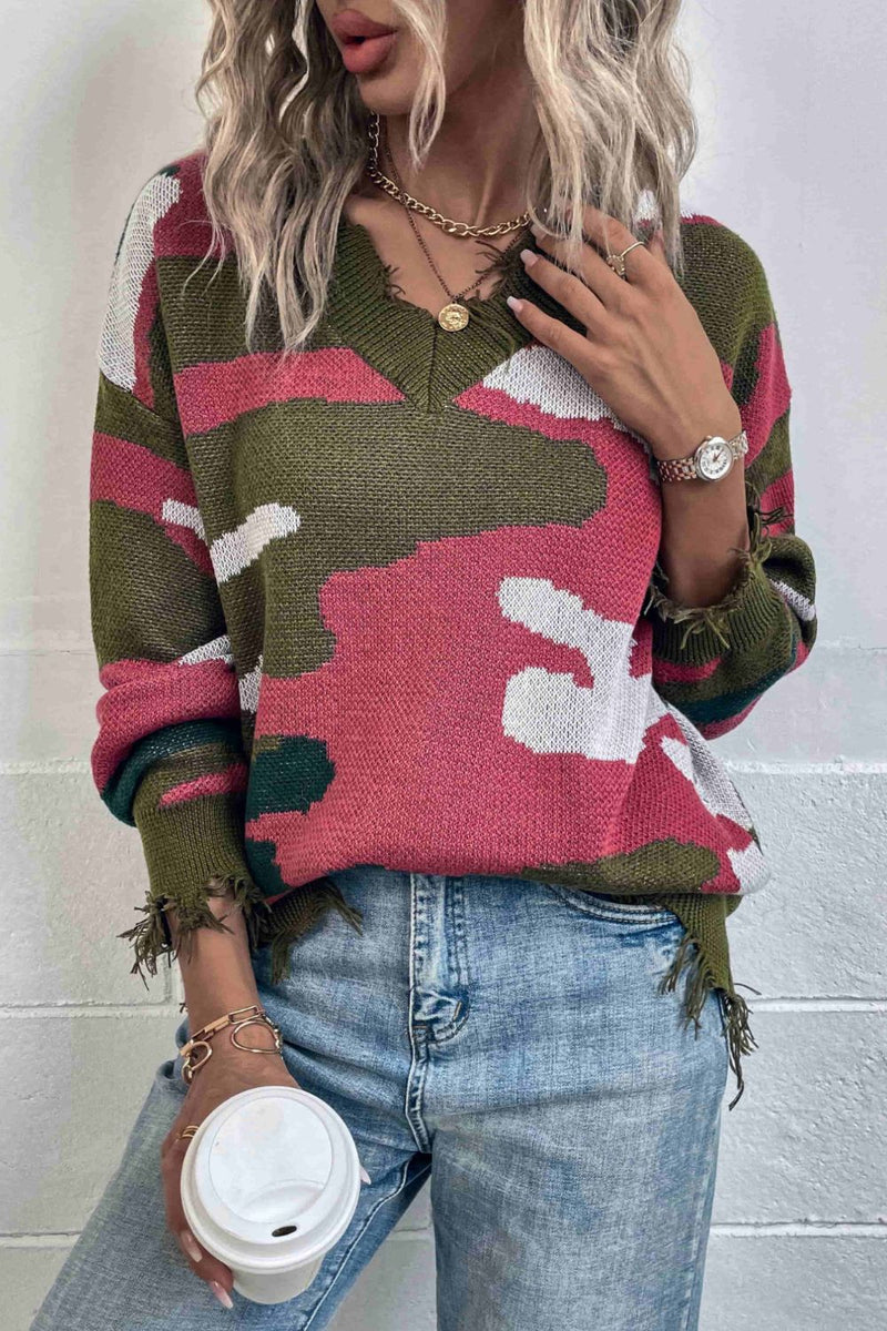 Multicolored V-Neck Distressed Drop Shoulder Sweater