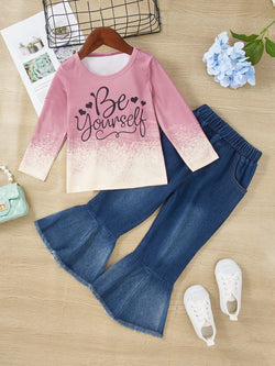 Girls BE YOURSELF T-Shirt and Bell Bottom Jeans Set