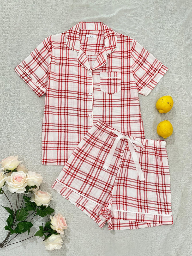 Plaid Lapel Collar Shirt and Shorts Lounge Set