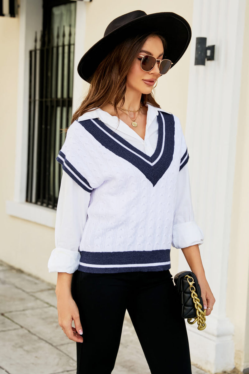 Contrast V-Neck Cap Sleeve Sweater Vest