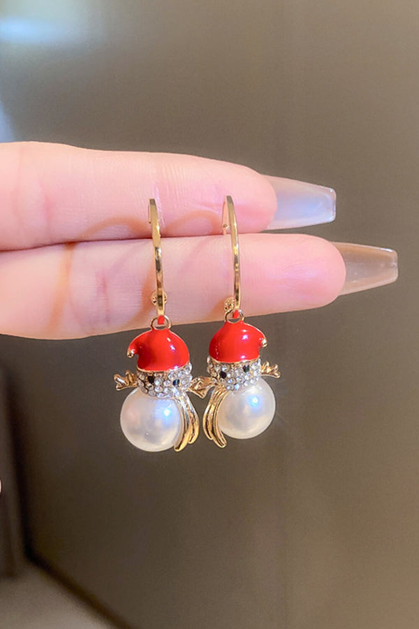 Christmas Rhinestone Pearl Snowman Drop Earrings