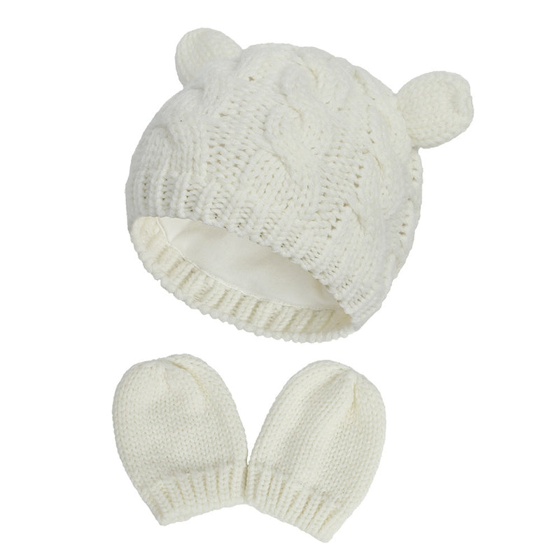 New Baby Kids Girls Boys Winter Warm Knit Hat Ear Solid Warm Cute Glove 2pcs Lovely Beanie Cap 0-18M