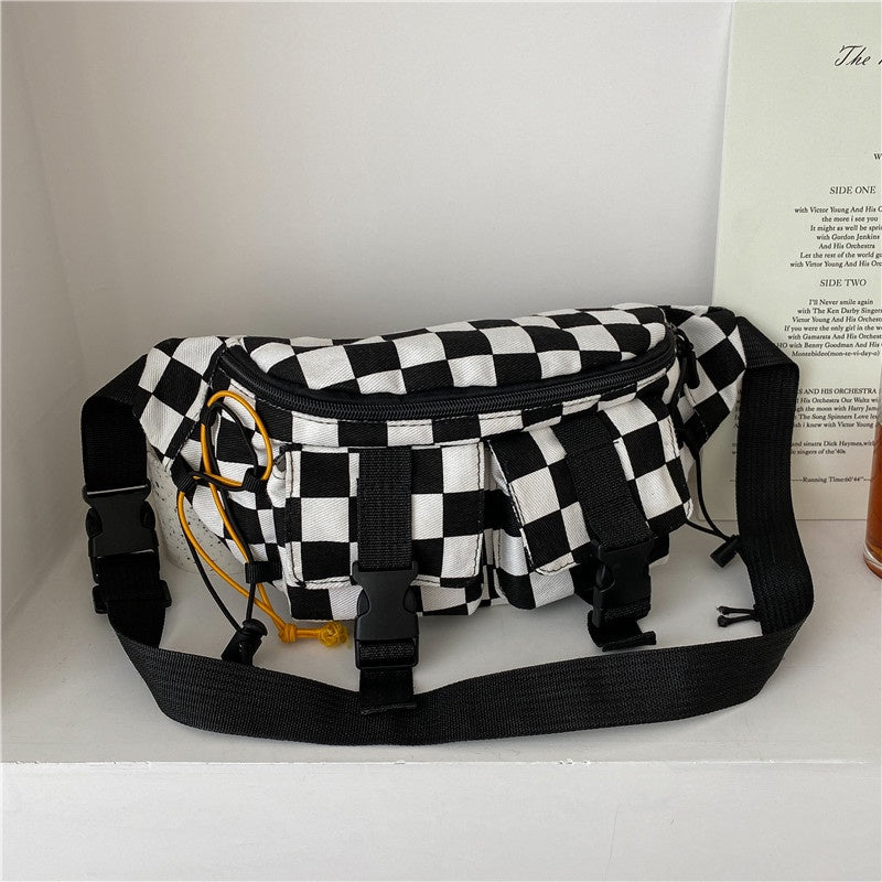 New Personality Black And White Checkerboard Chest Bag Western Style Cool Student Casual Shoulder Bag Net Red Messenger Bag