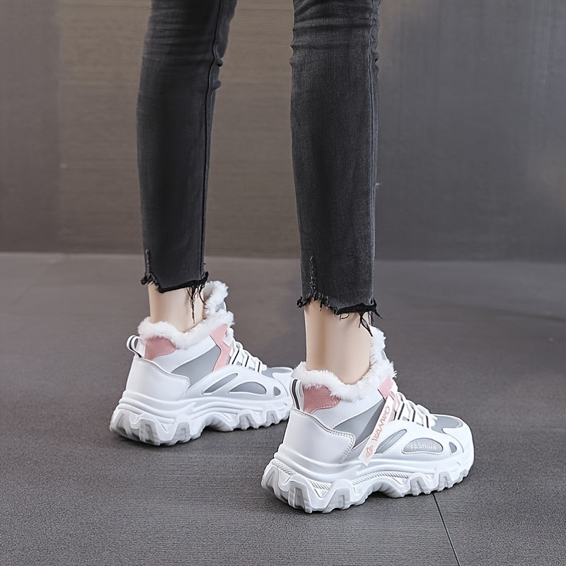 Women's Casual Sneakers, Color-block Thick Sole Chunky Sneakers, Warm Plush Lined Anti-slip Running Shoes