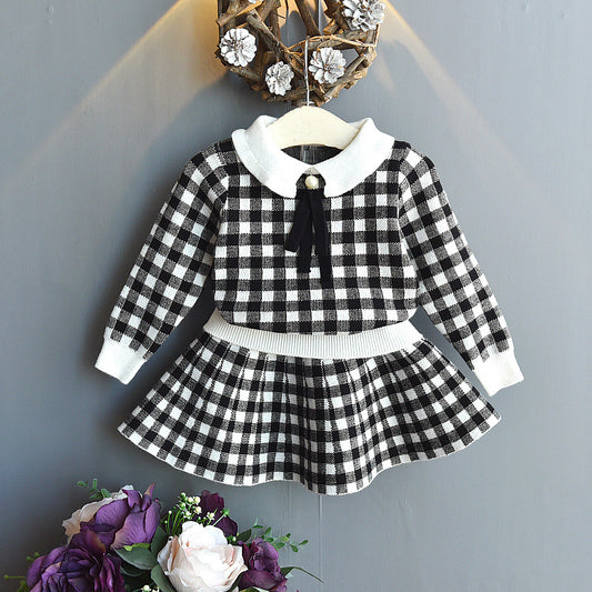 Knitting coat of foreign gas of girl of new fund of children's outfit autumn + skirt of knitted half is sweet two sets