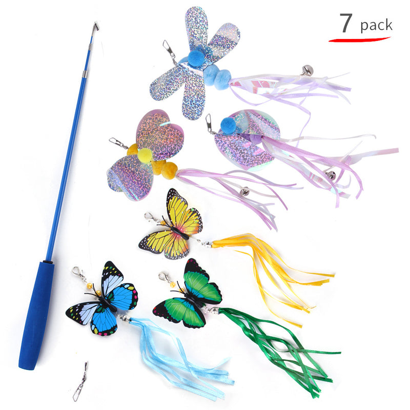 7 Pcs Cat Toy Set Fishing Rod Teasing Cat Stick Various Butterfly Dragonfly Toy Sets