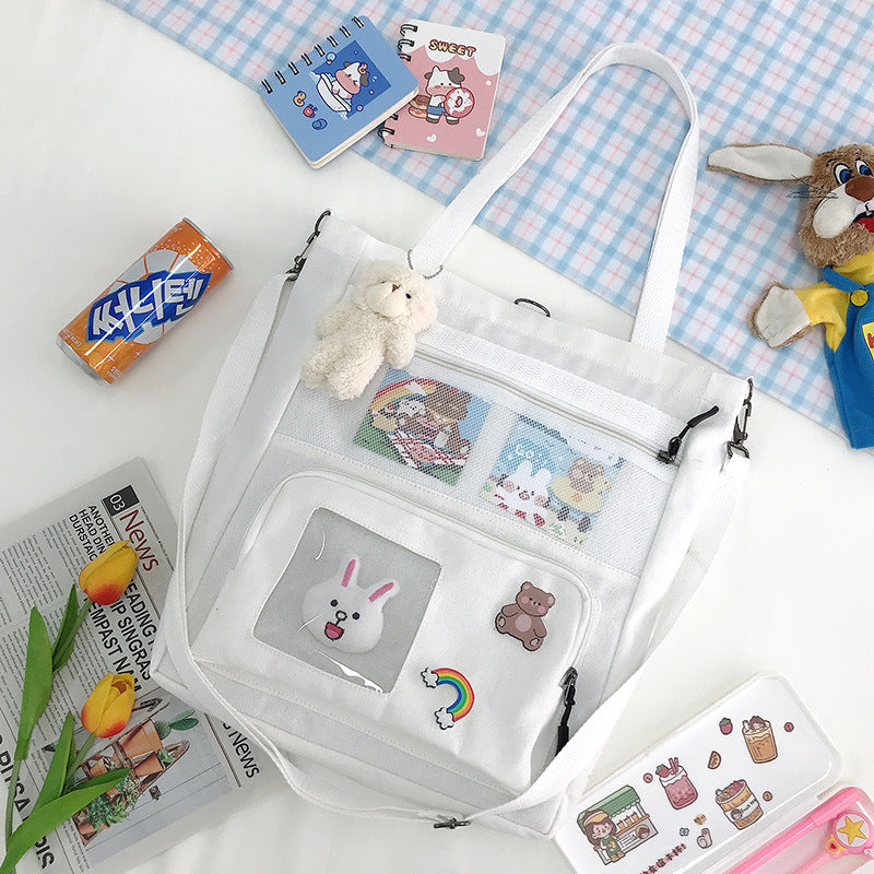 Korean Version Of The Small Fresh Spring Canvas Bag Cute Rabbit Head Pendant Backpack Student Supplementary Bag Large-Capacity Messenger Bag