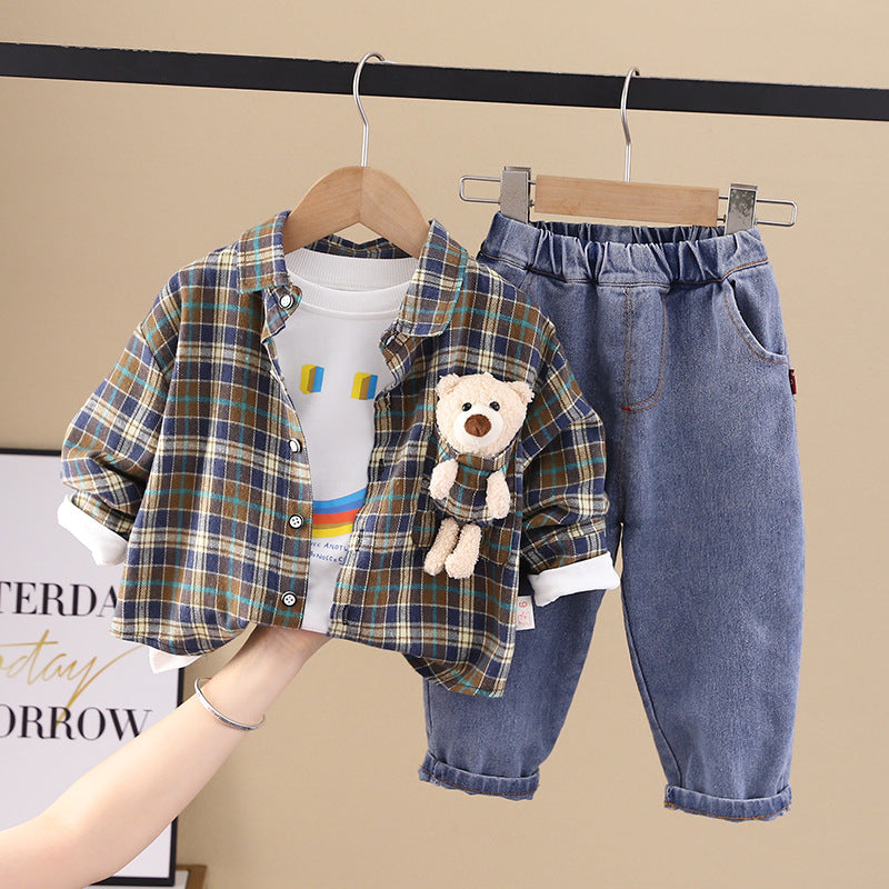 Boys Suit Casual New Trendy Children's Western Style Casual Plaid Three-Piece Korean Version Baby Handsome Plaid Shirt