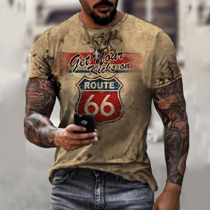 Summer New Men's T-Shirt Oversized Loose Clothes Retro Short Sleeve Fashion US Route 66 Letter Print