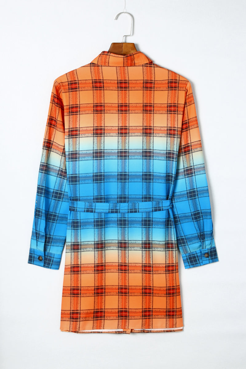 Plaid Color Block Belted Button-Up Shirt Dress