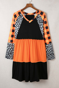 Mixed Print Color Block Frill Trim V-Neck Dress