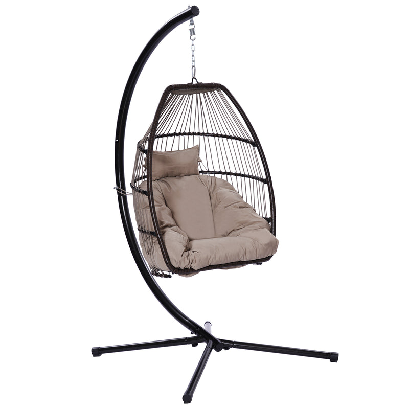 Outdoor Patio Wicker Folding Hanging Chair,Rattan Swing Hammock Egg Chair With C Type Bracket , With Cushion And Pillow