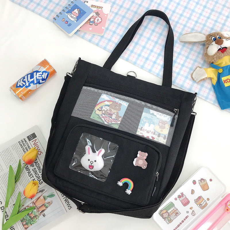 Korean Version Of The Small Fresh Spring Canvas Bag Cute Rabbit Head Pendant Backpack Student Supplementary Bag Large-Capacity Messenger Bag