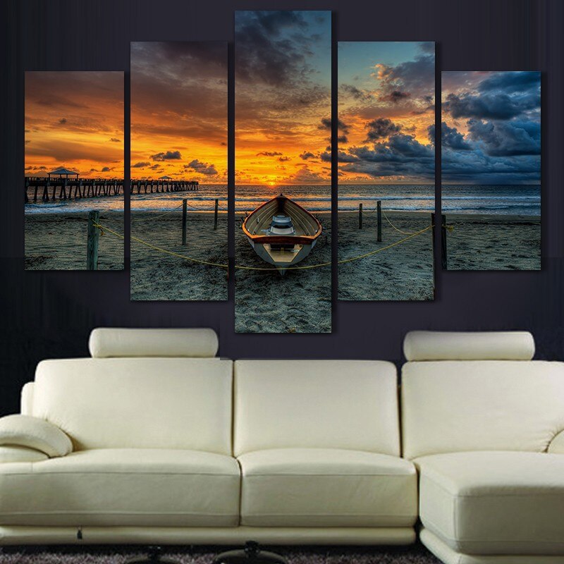 5 Panel Sunset Beach landscape Painting Print on Canvas