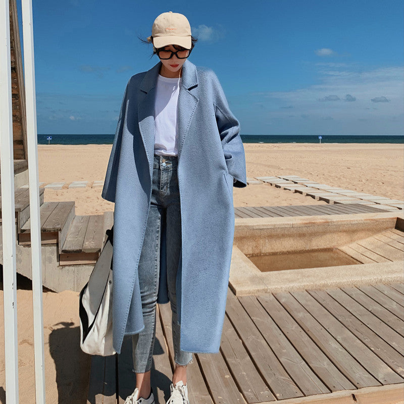 2020 autumn and winter big card with water corrugated double-sided cashmere coat female high-end bathrobe wool coat wind clothing female
