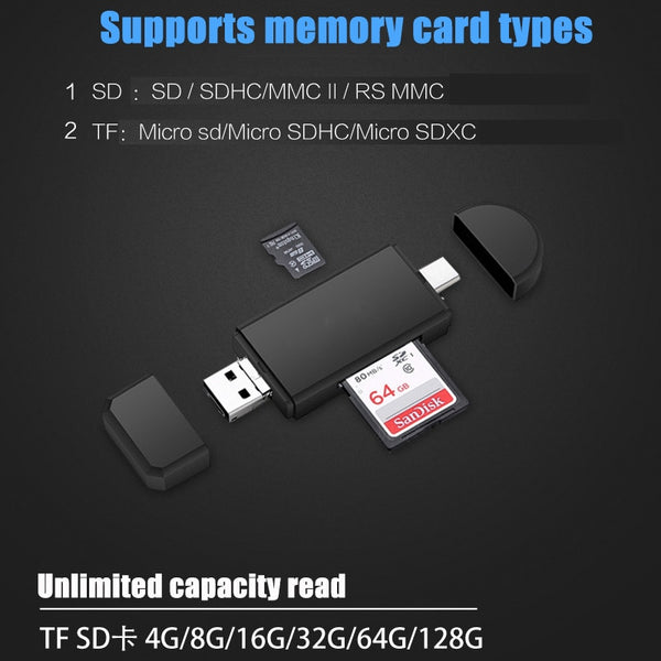Type C & micro USB & USB 3 In 1 OTG Card Reader  High-speed USB2.0 Universal OTG TF/SD for Android Computer Extension Headers