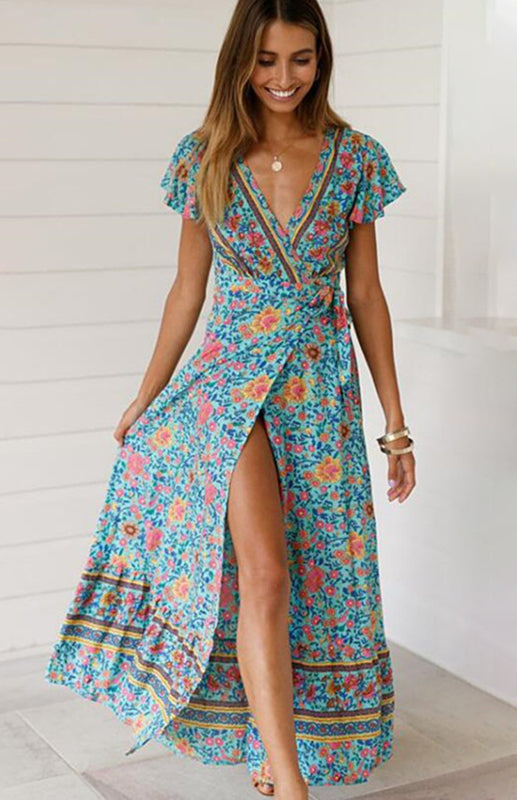 Ladies Deep V Neck Printed Slit Sexy Long Dress