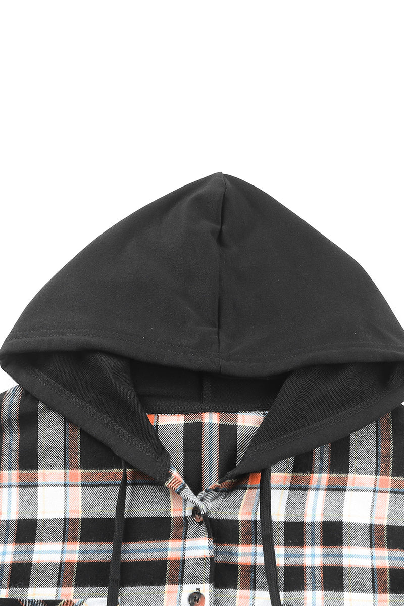 Plaid Drawstring Button Front Hooded Jacket