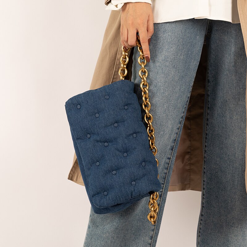 Dark Blue Denim Thick Metal Chain Shoulder Bag Women Winter Retro Large Capacity Buttons Soft Square Handbag Fashion Casual