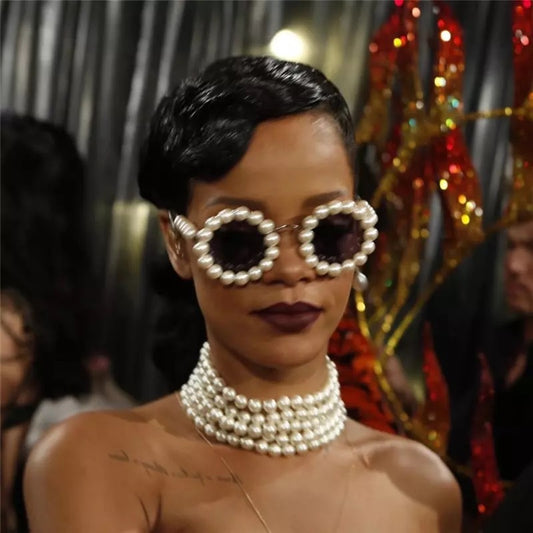 Retro Round Sunglasses Women's Trendy Elegant Pearl Inlaid Sunglasses Net Red Star With UV Protection