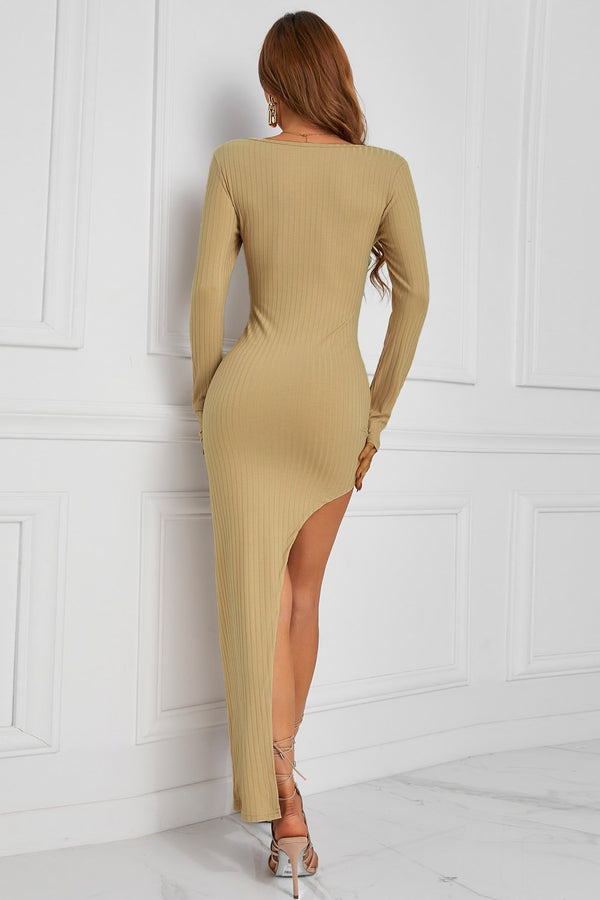 Ribbed Scoop Neck Bodycon Dress with Split