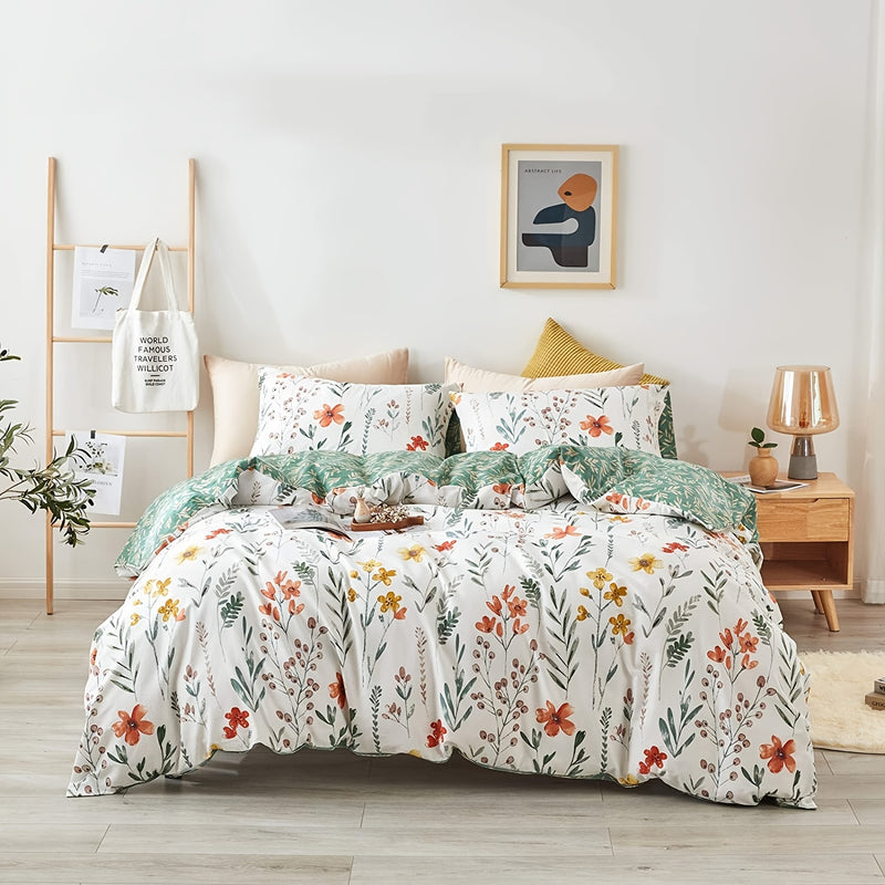 Floral Print Duvet Cover (1 Duvet Cover + 2 Pillowcase), Soft Bedding With Zipper Closure For Bedroom, Blanket For Guest Room