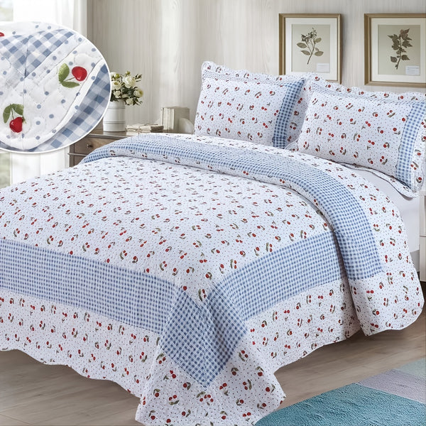 Cotton Quilted Flat Sheet Set (1 Flat Sheet + 2 Pillow Case), Little Cherry Print Bedding For Bedroom, Soft Blanket