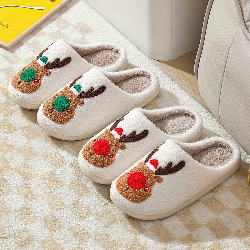 Christmas Elk Cotton Slippers for Women Autumn and Winter Home Couples Warmth Home Fur Slippers