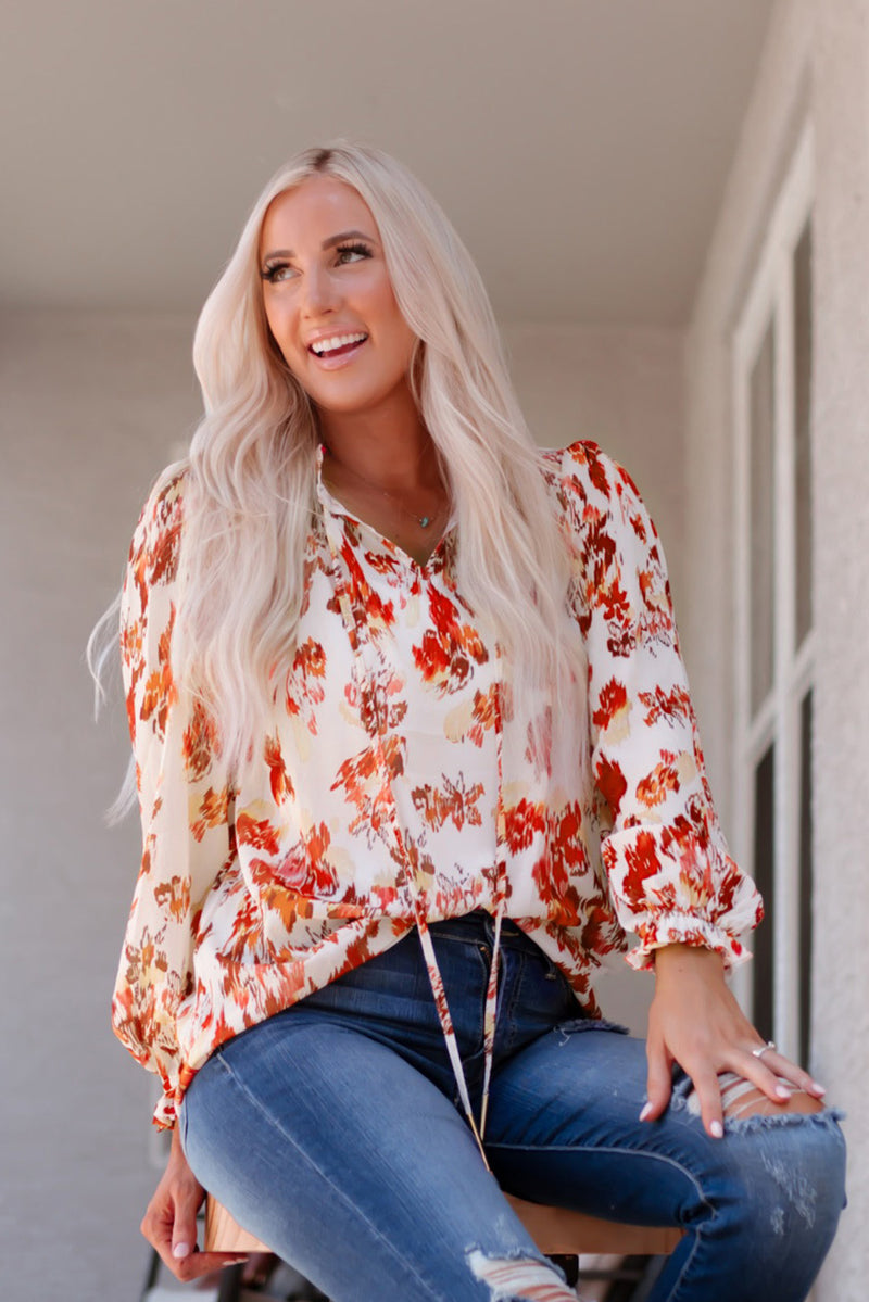 Printed Frill Trim Tie Neck Flounce Sleeve Blouse