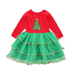 New Baby Girl Clothes Dress For Girls Autumn Christmas Tree Print Holiday Children Clothing Party Tulle Kids Costume New Year