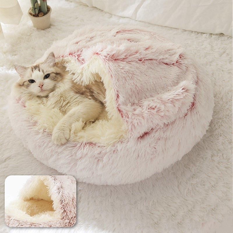 Pet Dog Cat Bed Round Plush Cat Warm Bed House Soft Long Plush Bed For Small Dogs For Cats Nest 2 In 1 Cat Bed