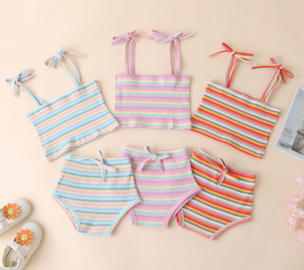 two-piece set ins style children's summer new product color pit striped sling +   shorts