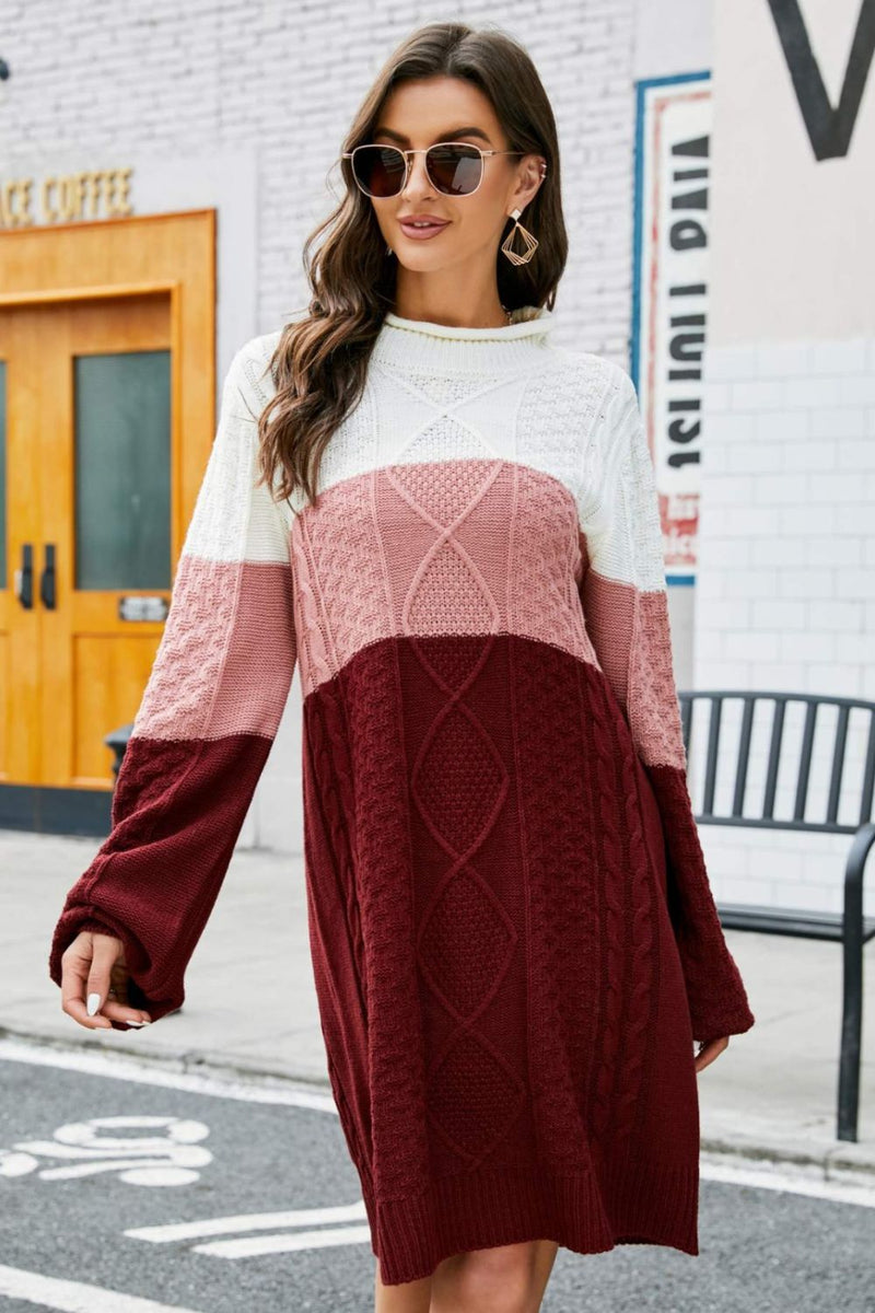 Color Block Mixed Knit Crewneck Sweater Dress